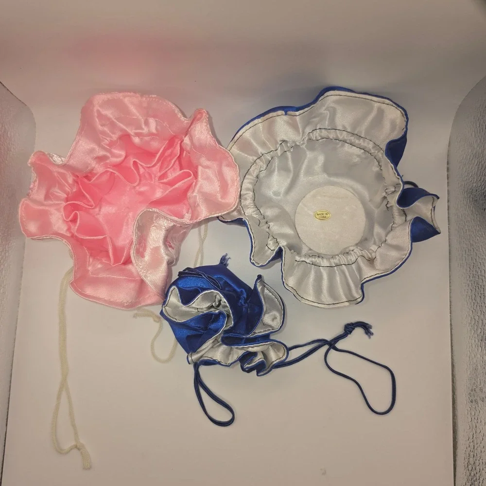 Set of 3 Vintage Drawstring Jewelry Pouches Ruffled Floral Blue Pink Travel Bags